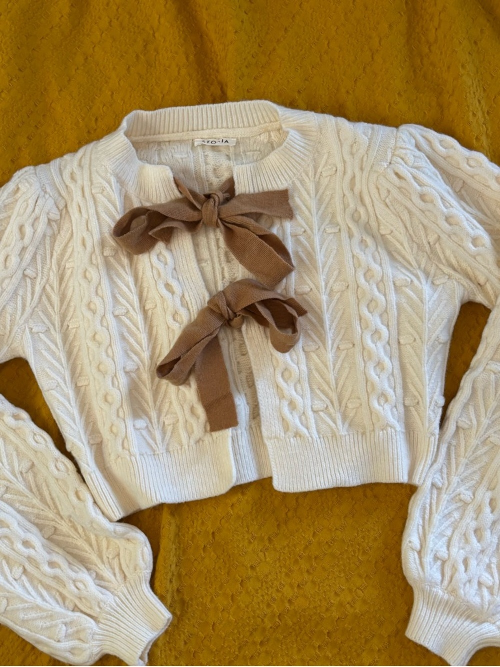 Storia Cream Cable Knit Cropped Cardigan with Brown Bow Ties - Picture 15 of 15